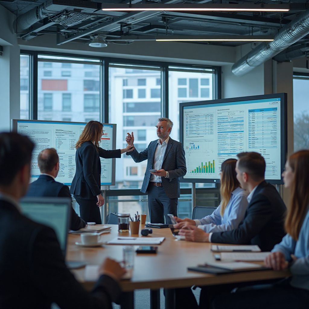 Finance experts collaborating on course materials